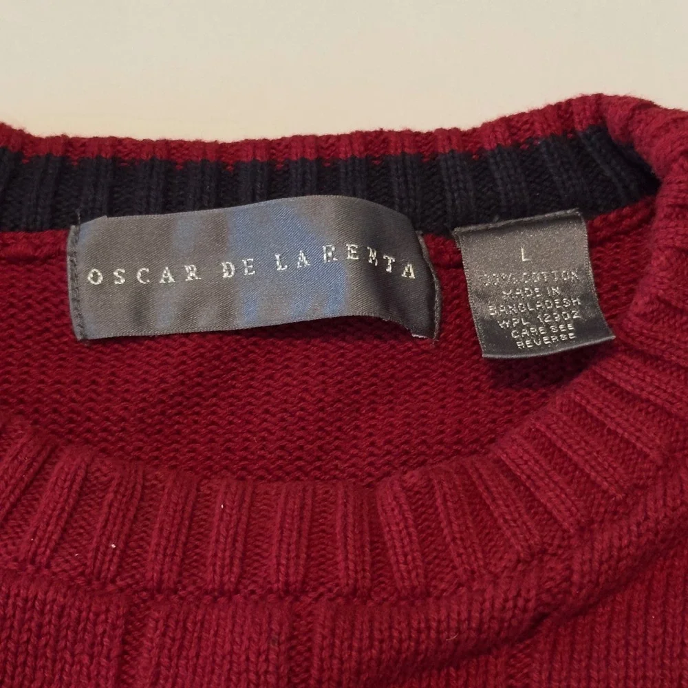 Oscar de la Renta Sweater Mens L Red Cable Knit Cotton Crewneck Preppy Academia